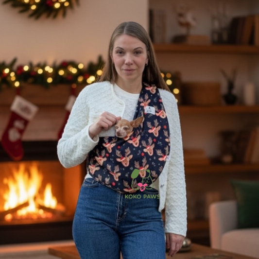 Christmas Fleece Pet Sling Carrier – Reindeer Pattern – 2-15 lbs / 1-7 kg (Autumn/Winter)