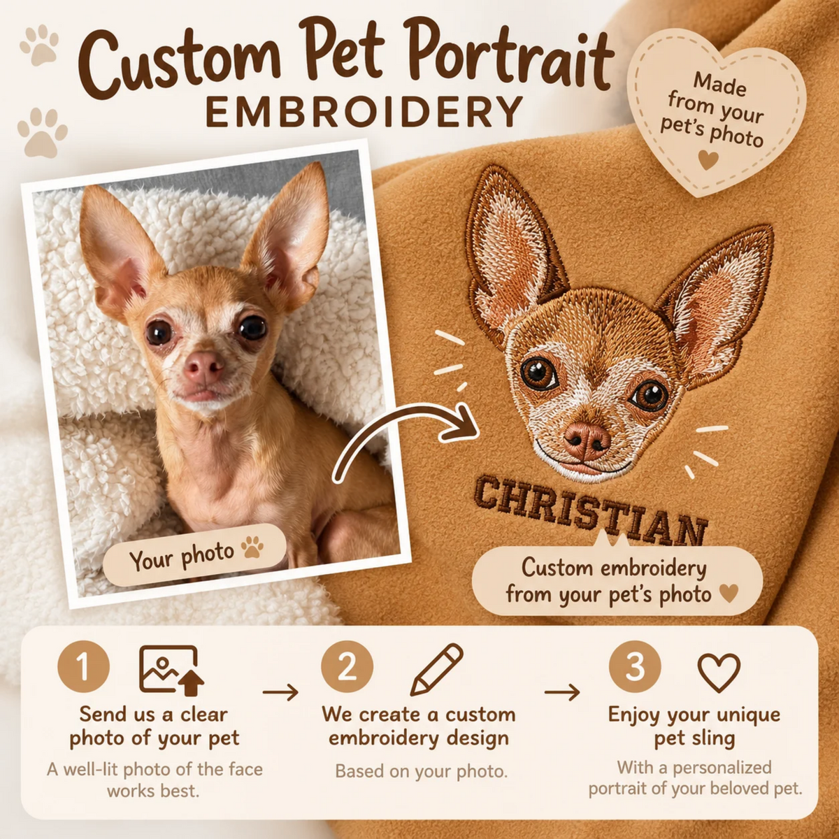 Custom Pet Portrait Embroidered Cotton Pet Sling – Taupe - 2-11 lbs / 1-5 kg