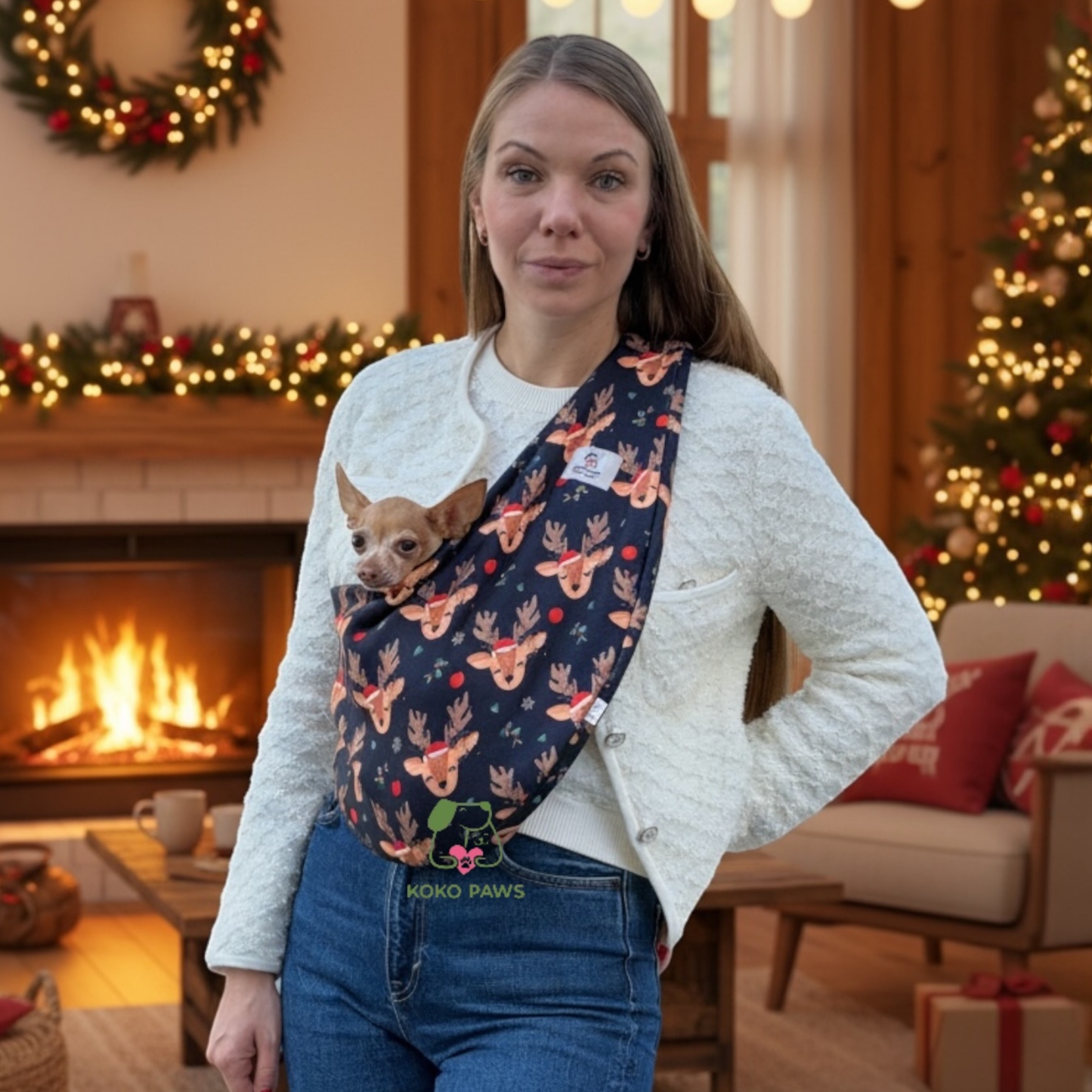 Christmas Fleece Pet Sling Carrier – Reindeer Pattern – 2-15 lbs / 1-7 kg (Autumn/Winter)