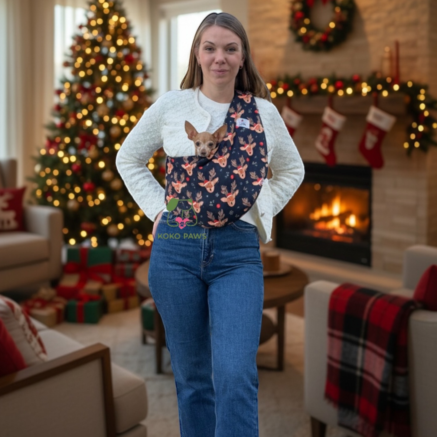 Christmas Fleece Pet Sling Carrier – Reindeer Pattern – 2-15 lbs / 1-7 kg (Autumn/Winter)