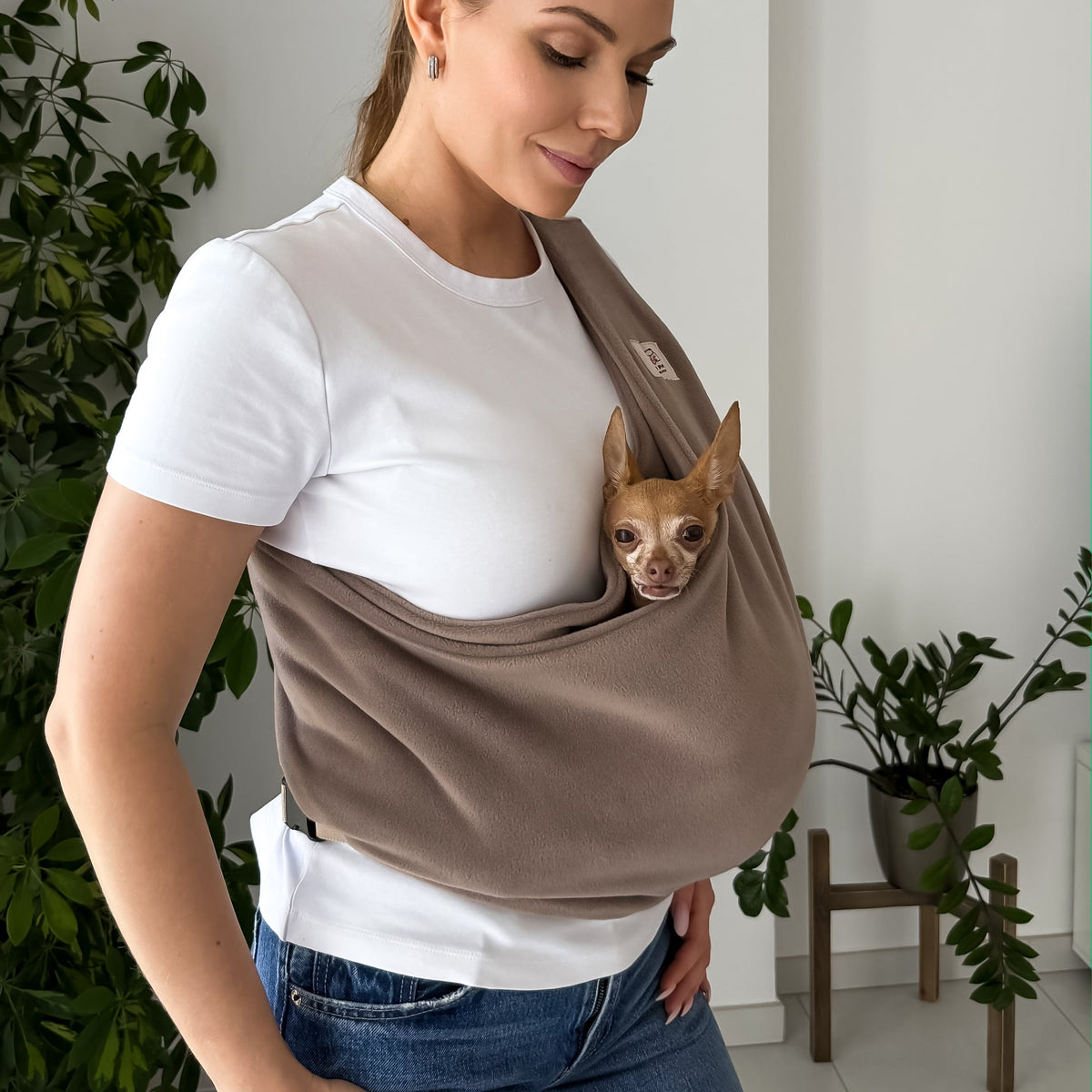 Taupe Fleece Security Sling for small dogs by KokoPaws. 