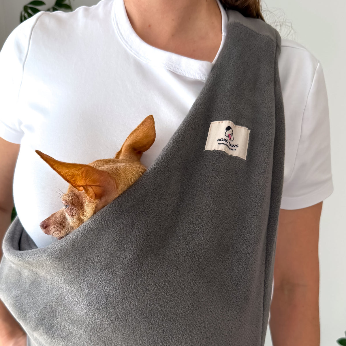 Gray Fleece Security Sling for small dogs by KokoPaws. 