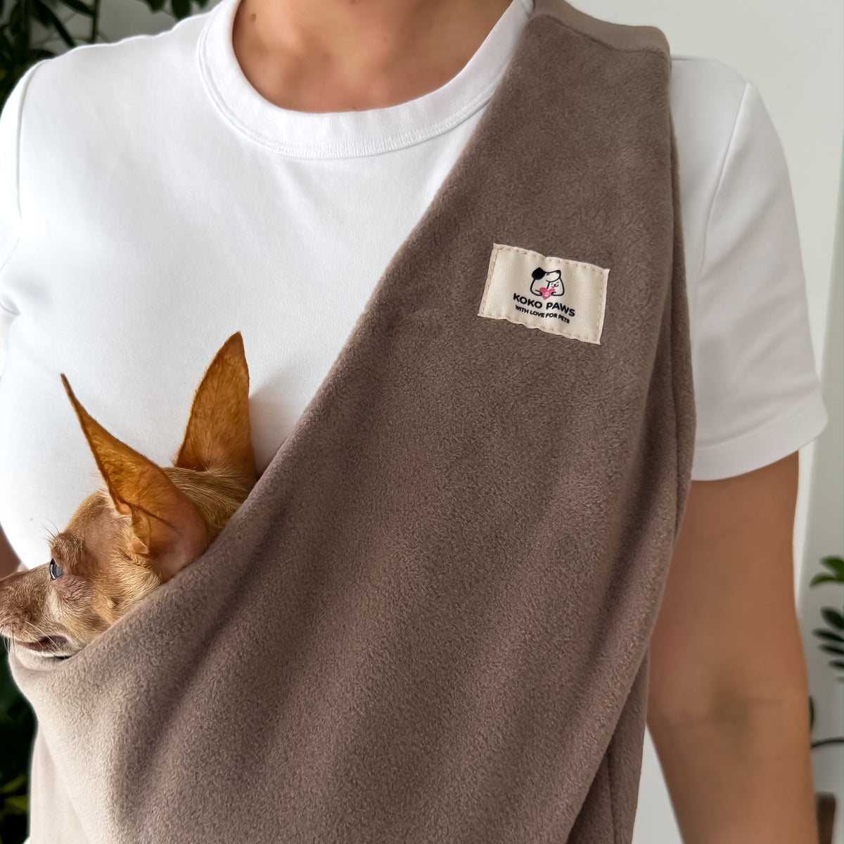 Taupe Fleece Security Sling for small dogs by KokoPaws. 