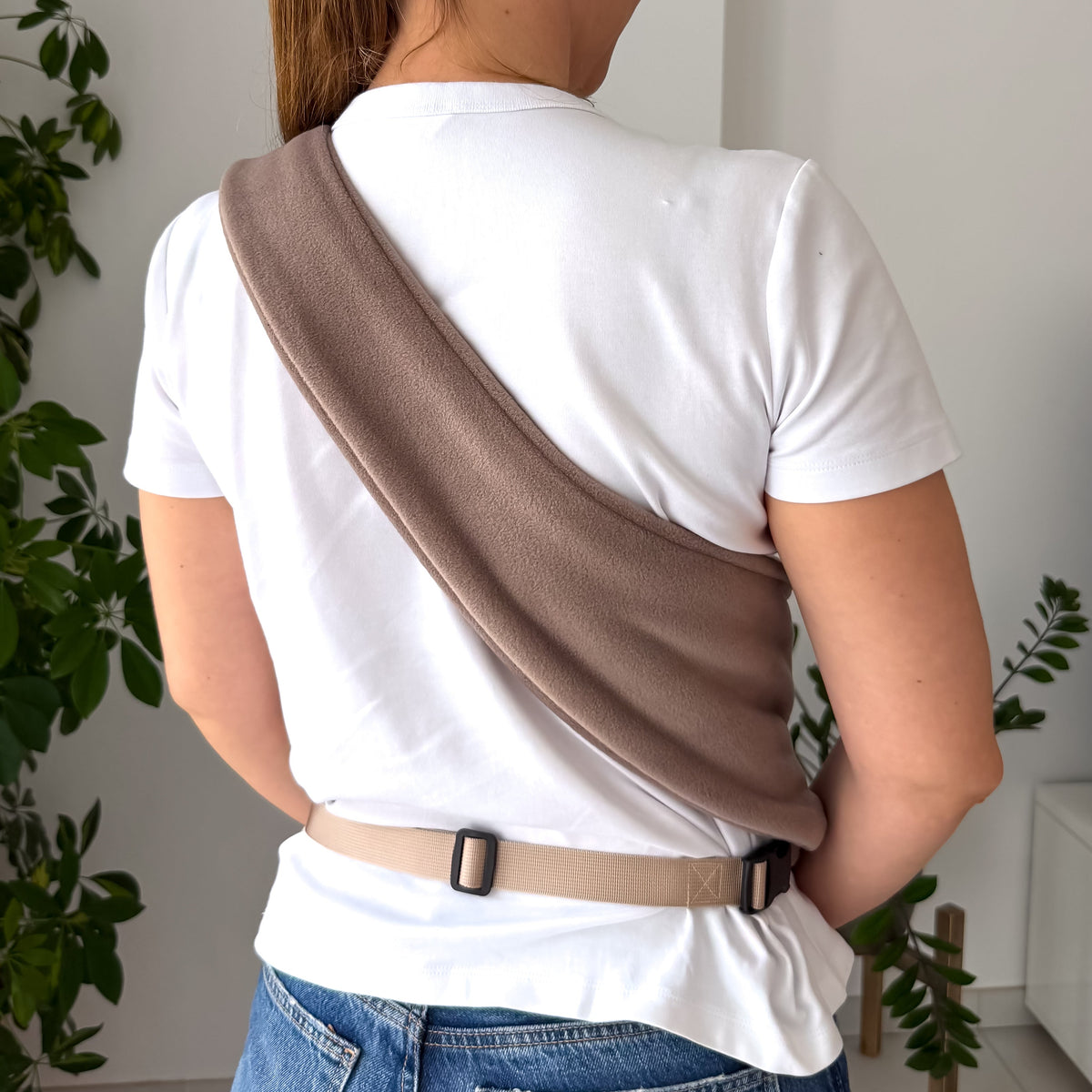 Taupe Fleece Security Sling for small dogs by KokoPaws. 