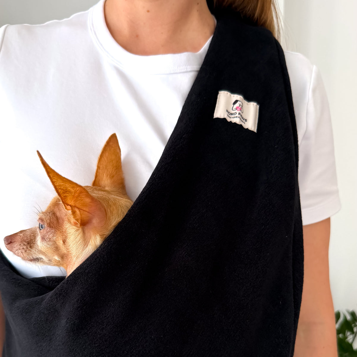 Black Fleece Security Sling for small dogs by KokoPaws. 