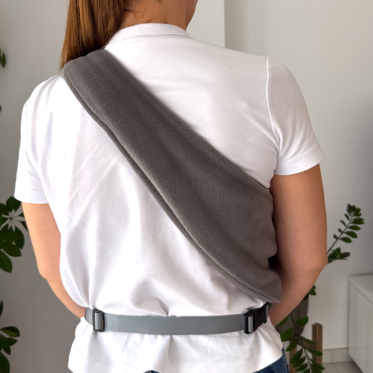 Gray Fleece Security Sling for small dogs by KokoPaws. 