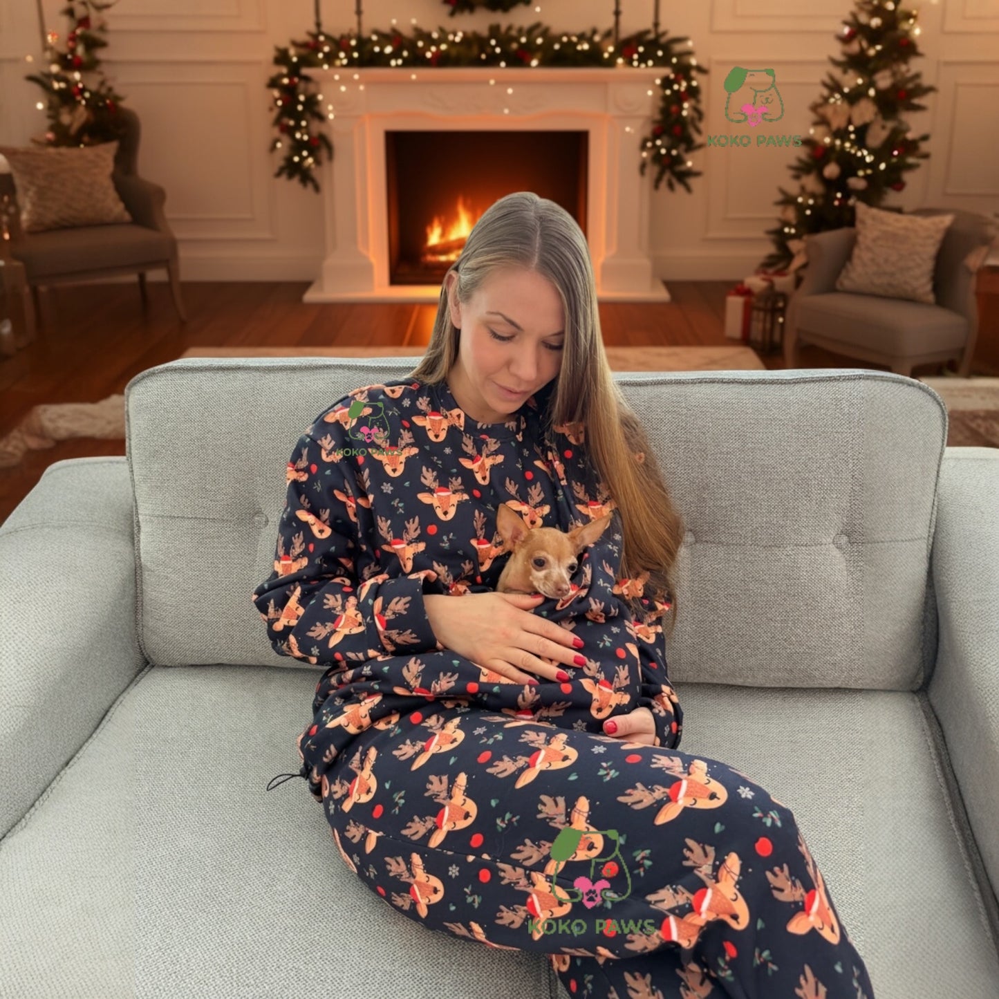 Christmas Fleece Pet Carrier Pajama Set - Reindeer Print Loungewear (Unisex)