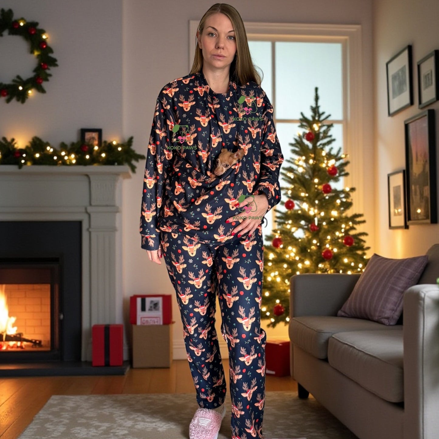 Christmas Fleece Pet Carrier Pajama Set - Reindeer Print Loungewear (Unisex)