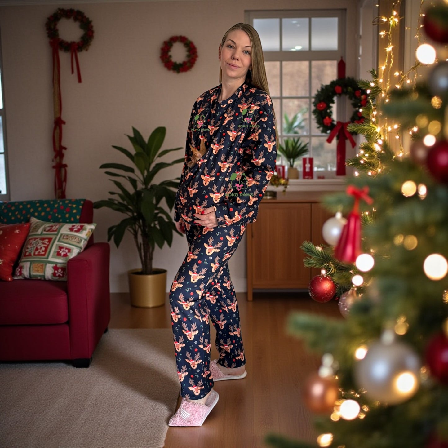 Christmas Fleece Pet Carrier Pajama Set - Reindeer Print Loungewear (Unisex)