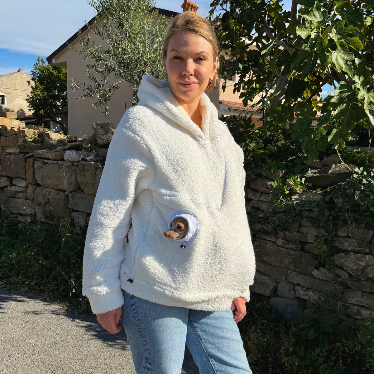 Milky Teddy Kangaroo Hoodie with Dog Pocket & Head Opening