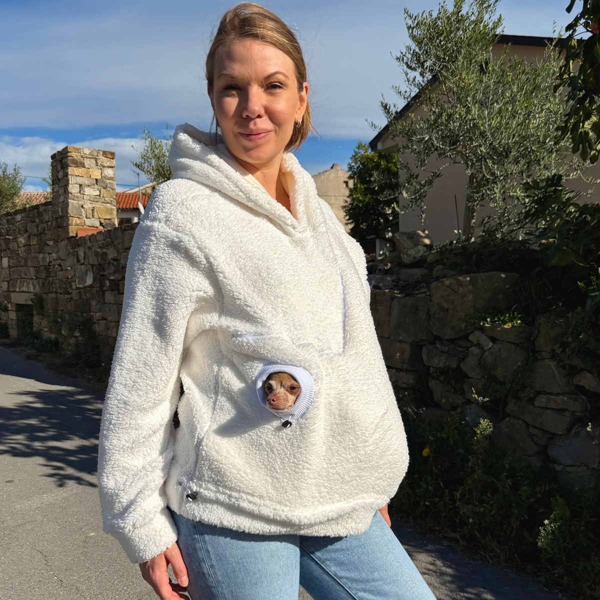Milky Teddy Kangaroo Hoodie with Dog Pocket & Head Opening