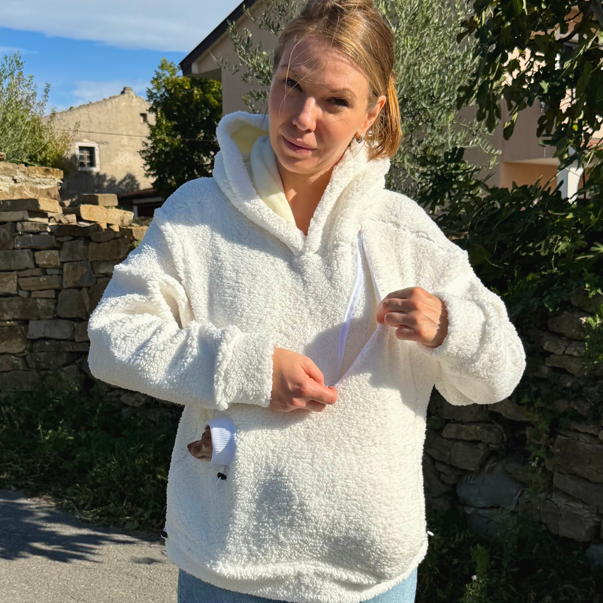 Milky Teddy Kangaroo Hoodie with Dog Pocket & Head Opening