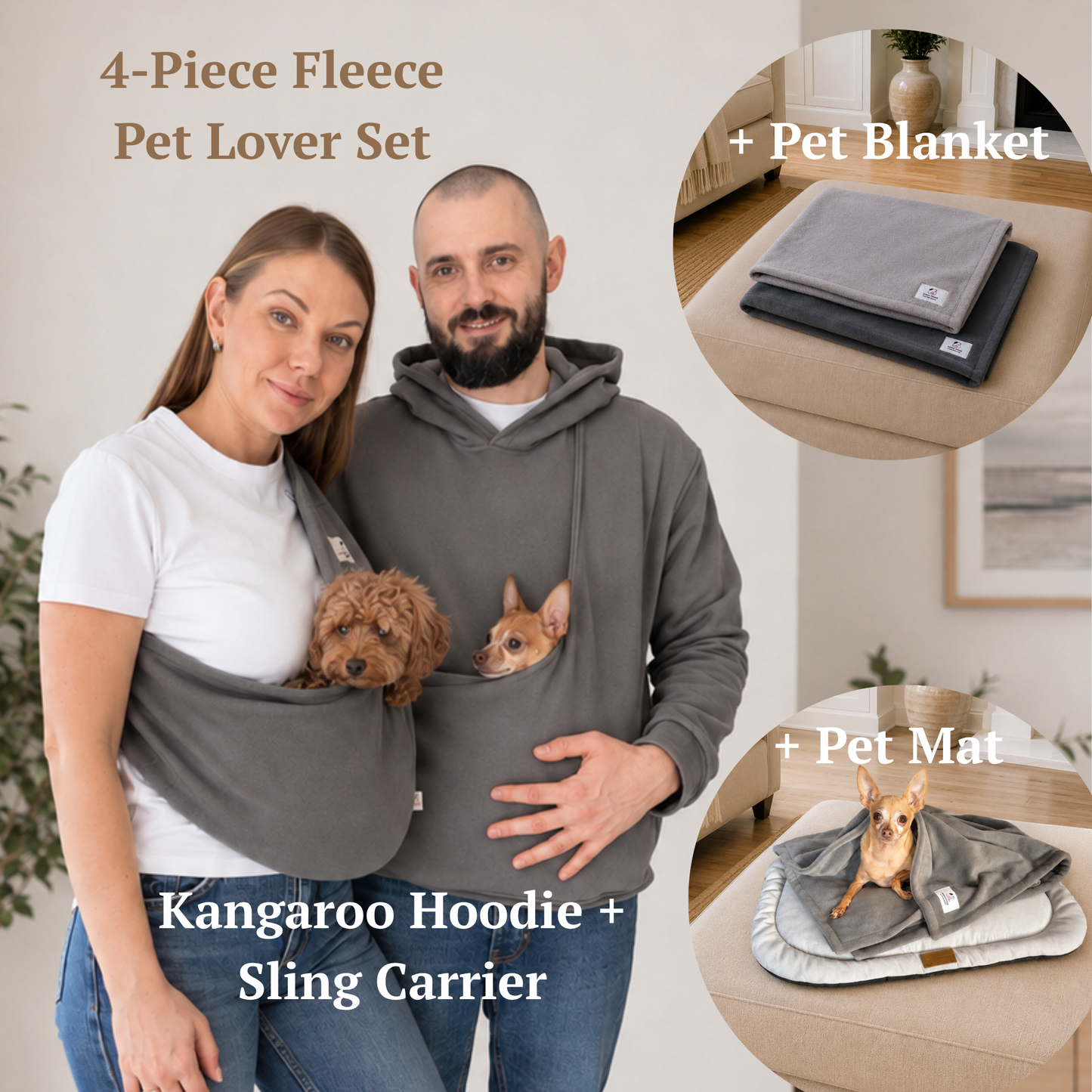 Gray Fleece Pet Lover Sets – Hoodie, Sling, Blanket & Mat