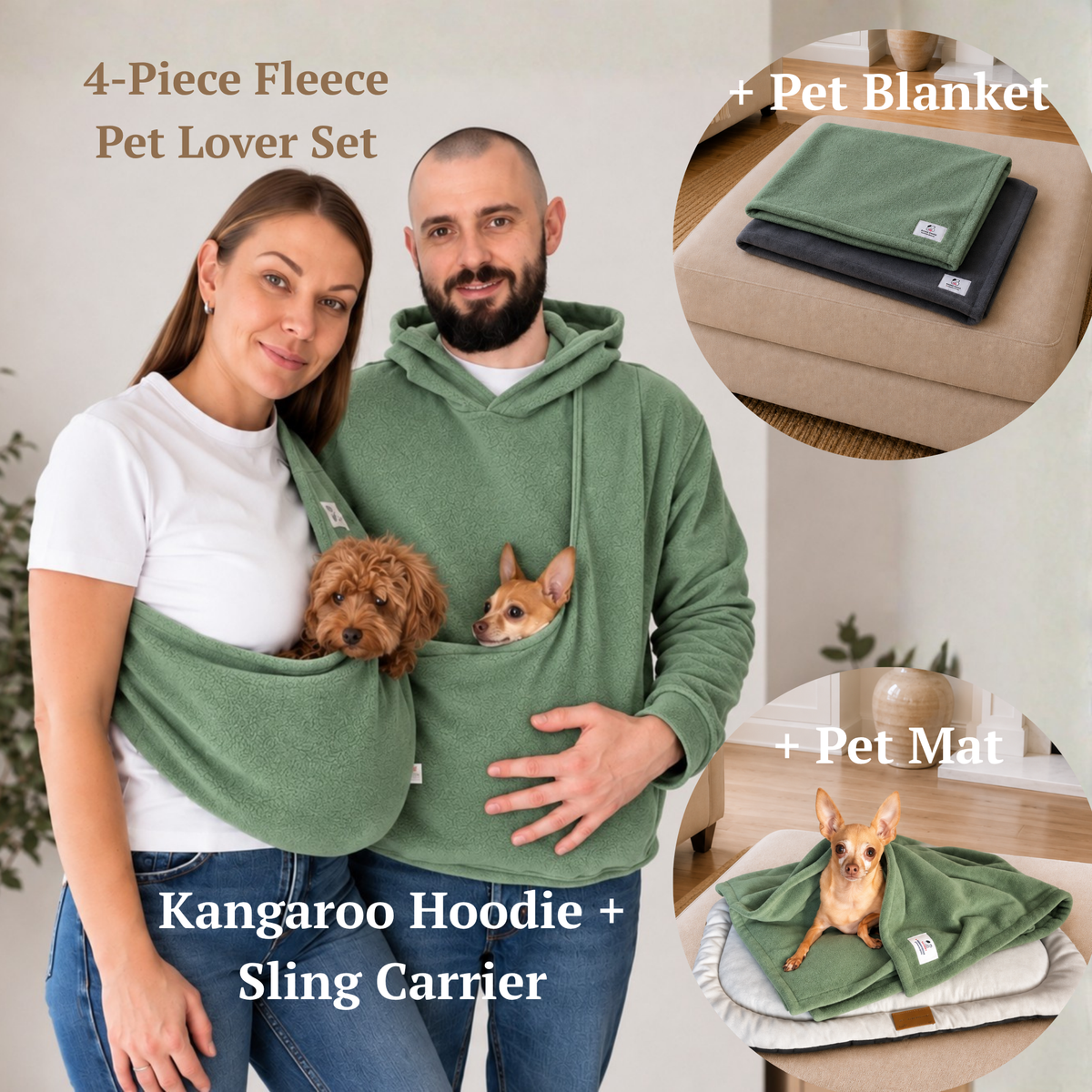 Olive Fleece Pet Lover Sets – Hoodie, Sling, Blanket & Mat