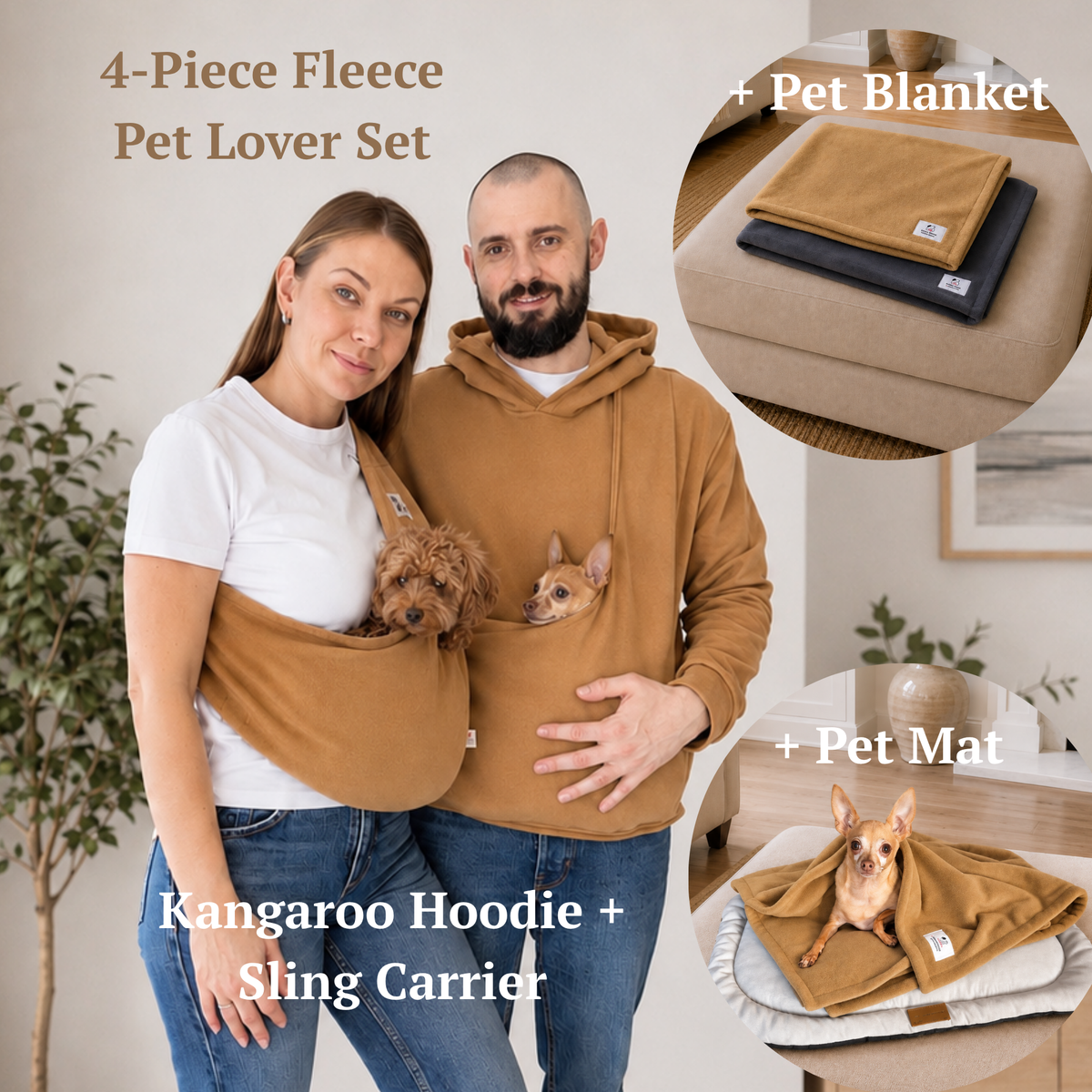 Caramel Fleece Pet Lover Sets – Hoodie, Sling, Blanket & Mat