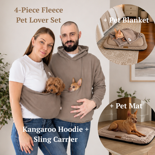 Taupe Fleece Pet Lover Sets – Hoodie, Sling, Blanket & Mat