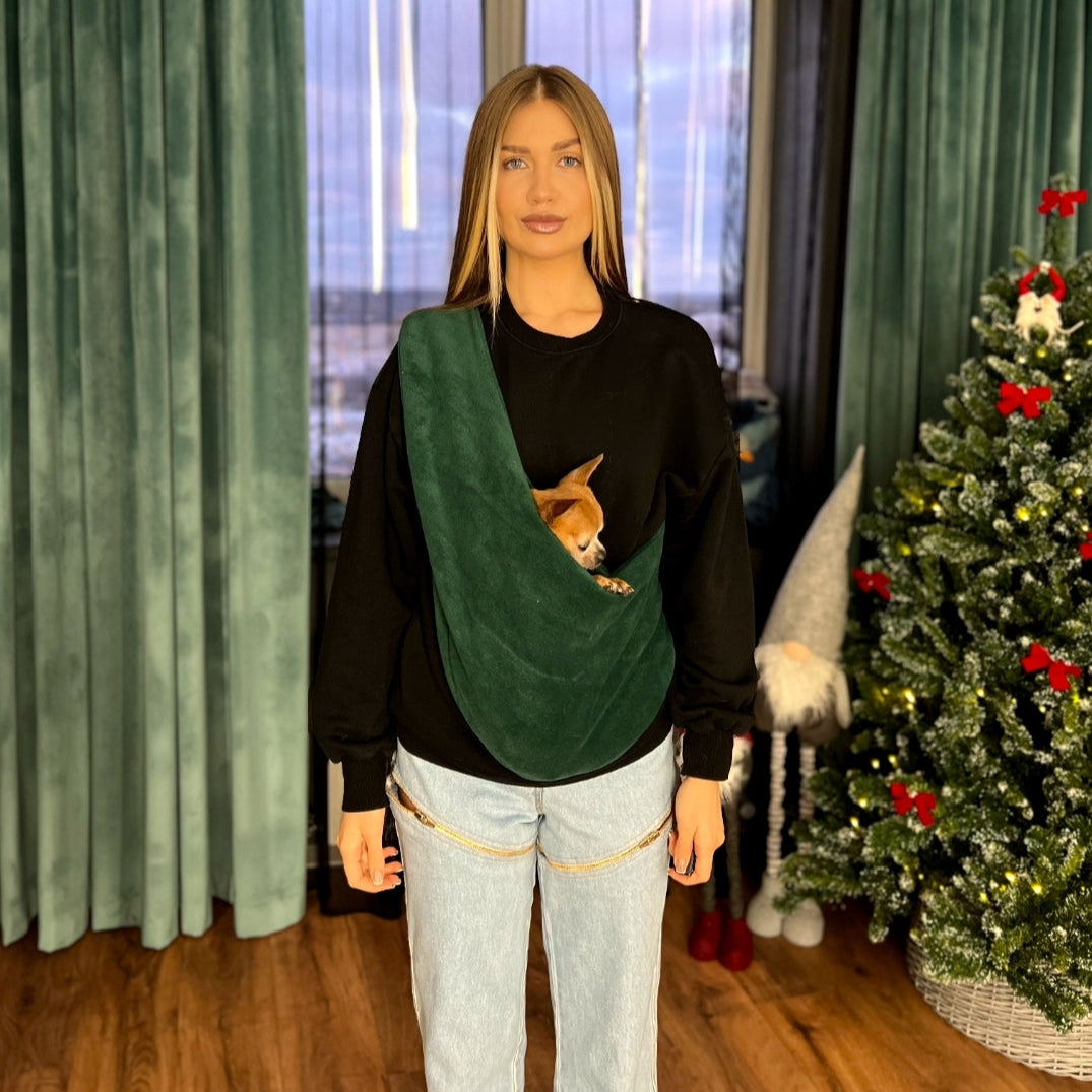 Fleece Pet Sling Carrier – Dark Green – 2-15 lbs / 1-7 kg (Autumn/Winter)