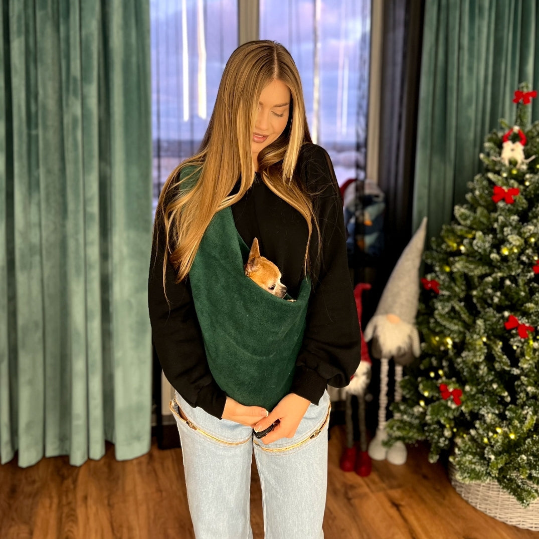 Fleece Pet Sling Carrier – Dark Green – 2-15 lbs / 1-7 kg (Autumn/Winter)