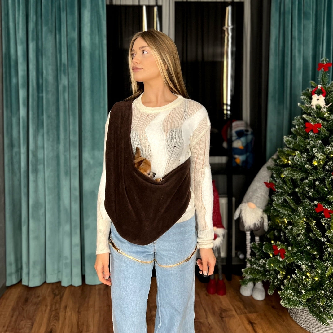 Fleece Pet Sling Carrier – Chocolate – 2-15 lbs / 1-7 kg (Autumn/Winter)