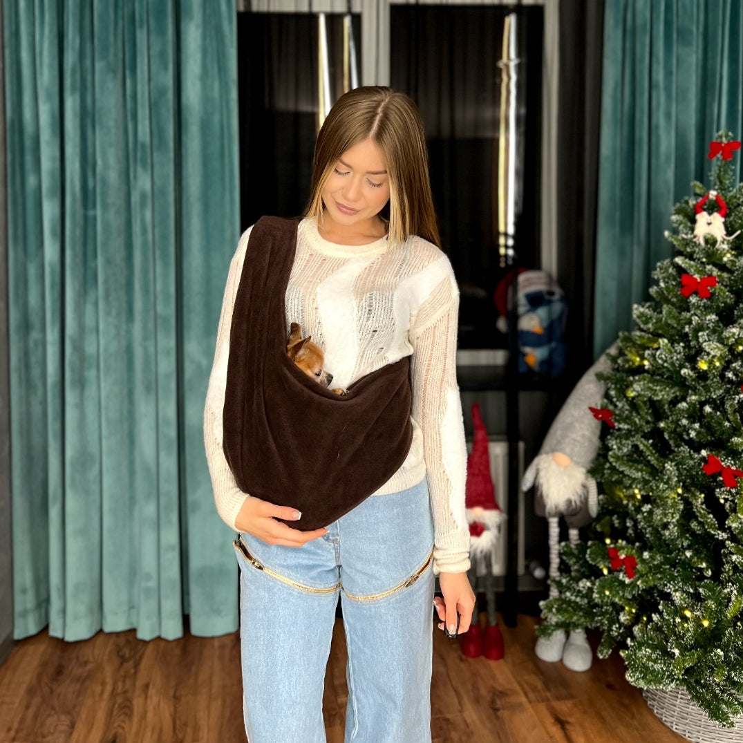 Fleece Pet Sling Carrier – Chocolate – 2-15 lbs / 1-7 kg (Autumn/Winter)