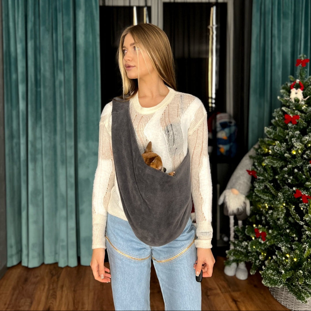 Fleece Pet Sling Carrier – Grey – 2-15 lbs / 1-7 kg (Autumn/Winter)