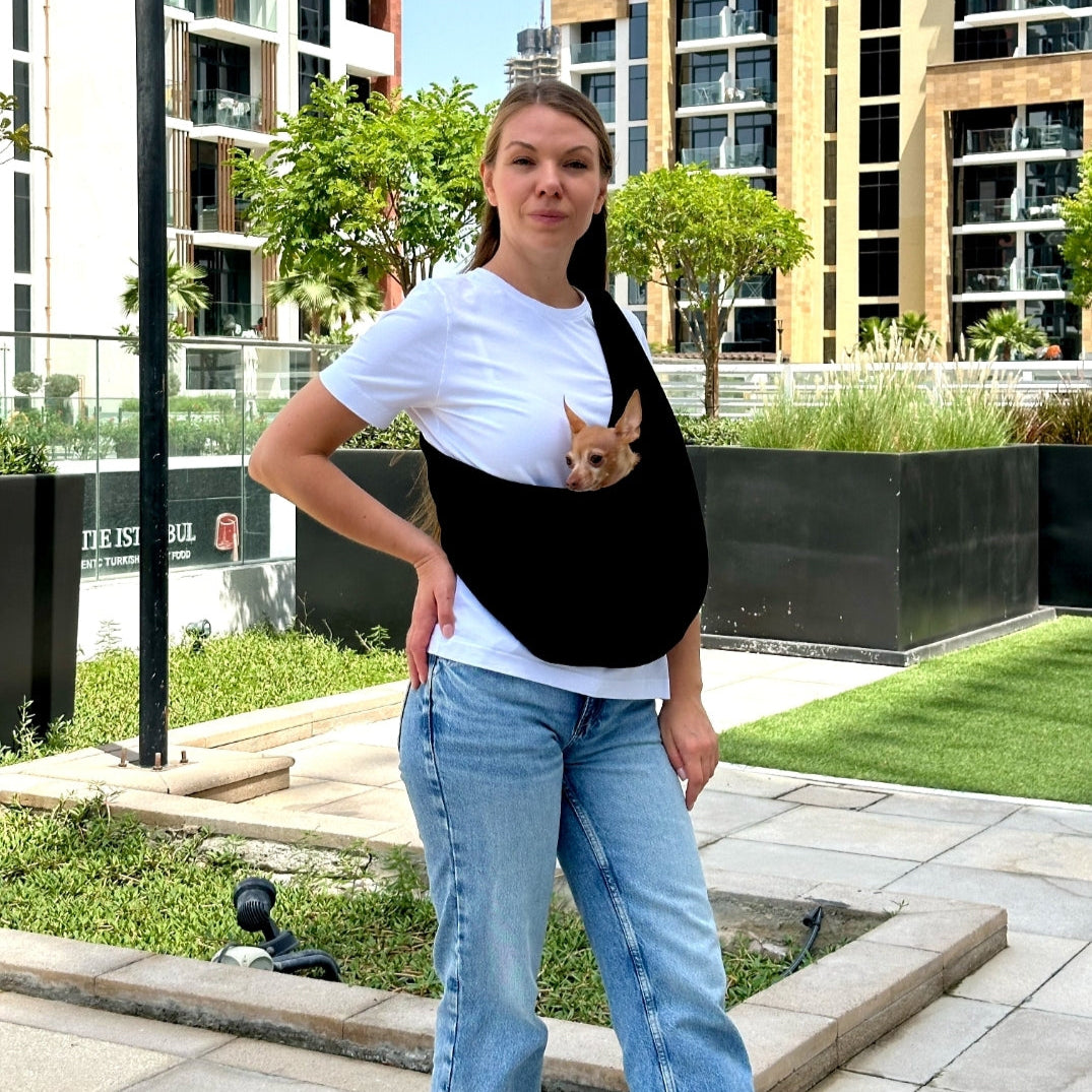 Close-up of black cotton dog sling – soft and breathable