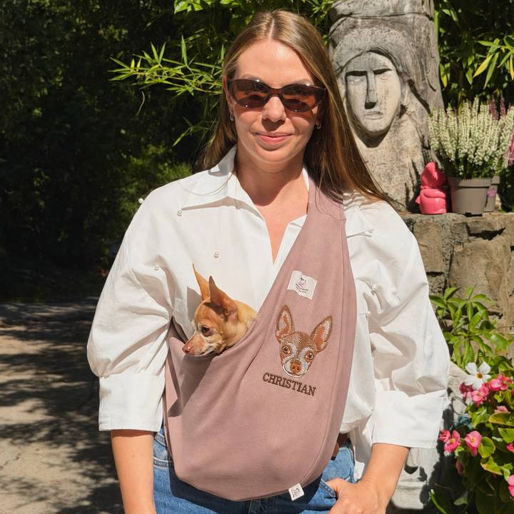 Custom pet portrait embroidered dusty rose cotton sling with small dog