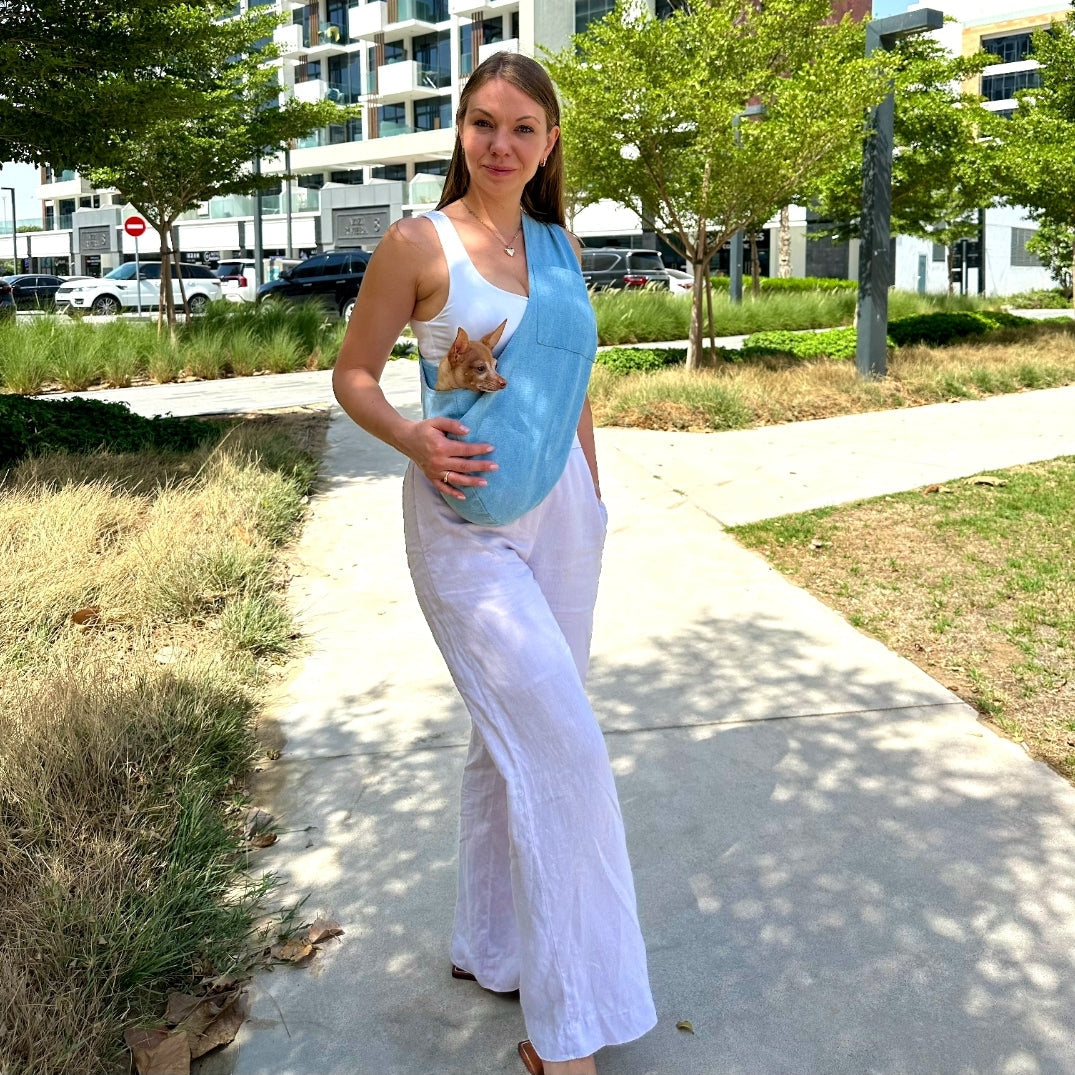 Close-up of denim pet sling with ergonomic stitching