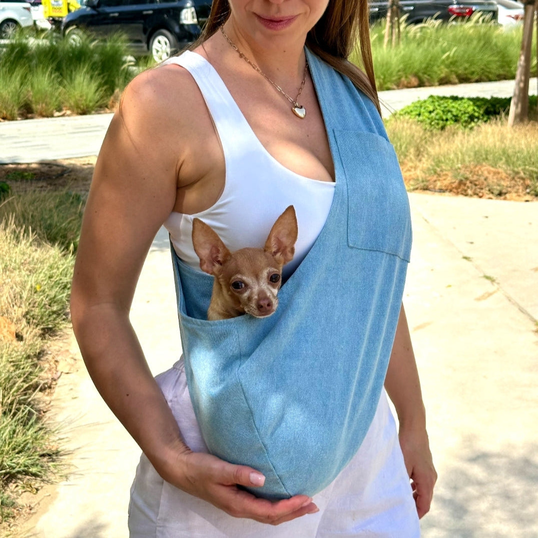 Lightweight denim pet sling for walking with small dogs