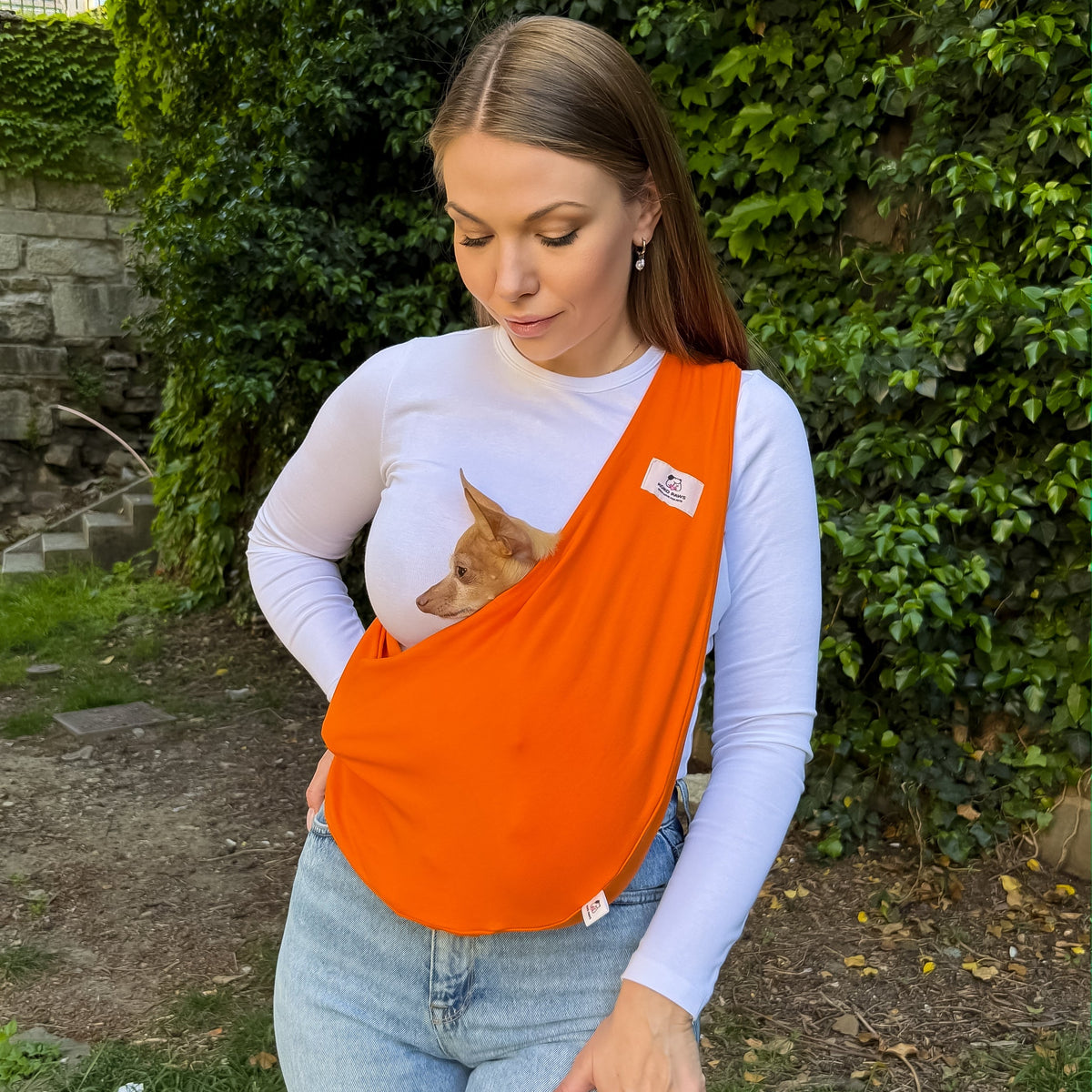 Small dog relaxing inside an orange pet sling carrier, comfortable dog carrier for travel and everyday use