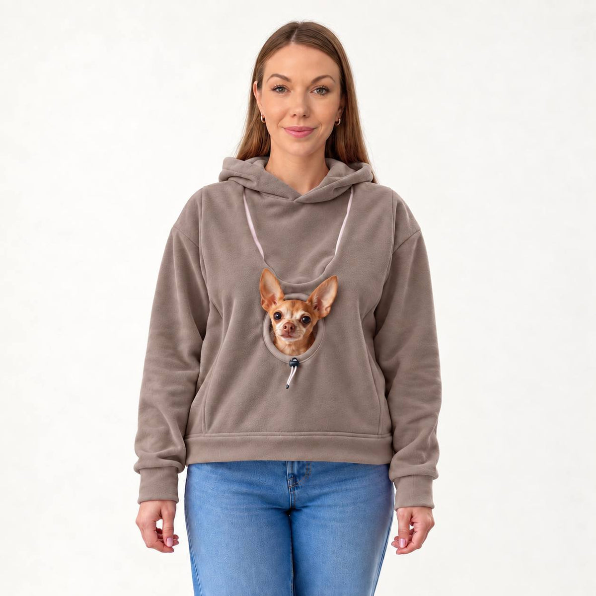 Taupe Fleece Dog Carrier Hoodie for Small Dogs | Adjustable Head Opening