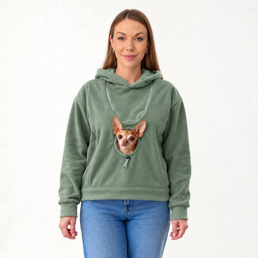 Olive Fleece Dog Carrier Hoodie for Small Dogs | Adjustable Head Opening