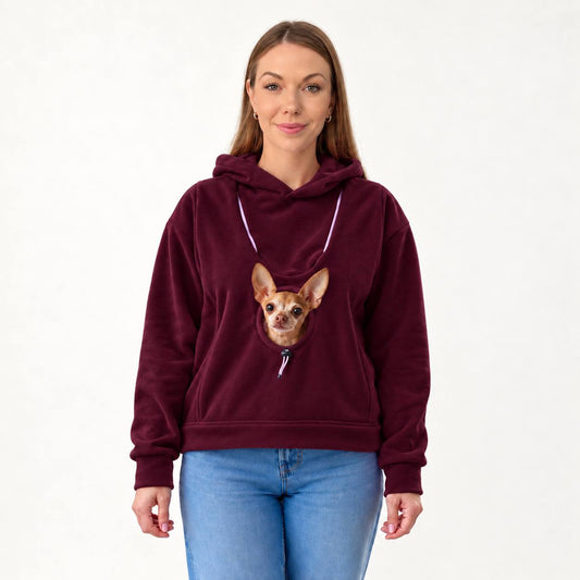 Burgundy Fleece Dog Carrier Hoodie for Small Dogs | Adjustable Head Opening