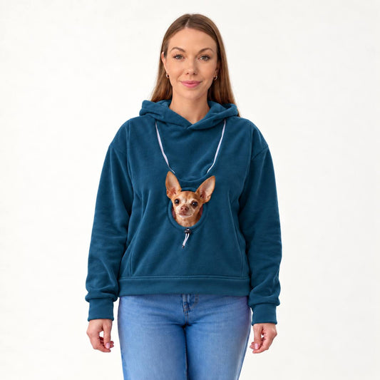 Blue Fleece Dog Carrier Hoodie for Small Dogs | Adjustable Head Opening