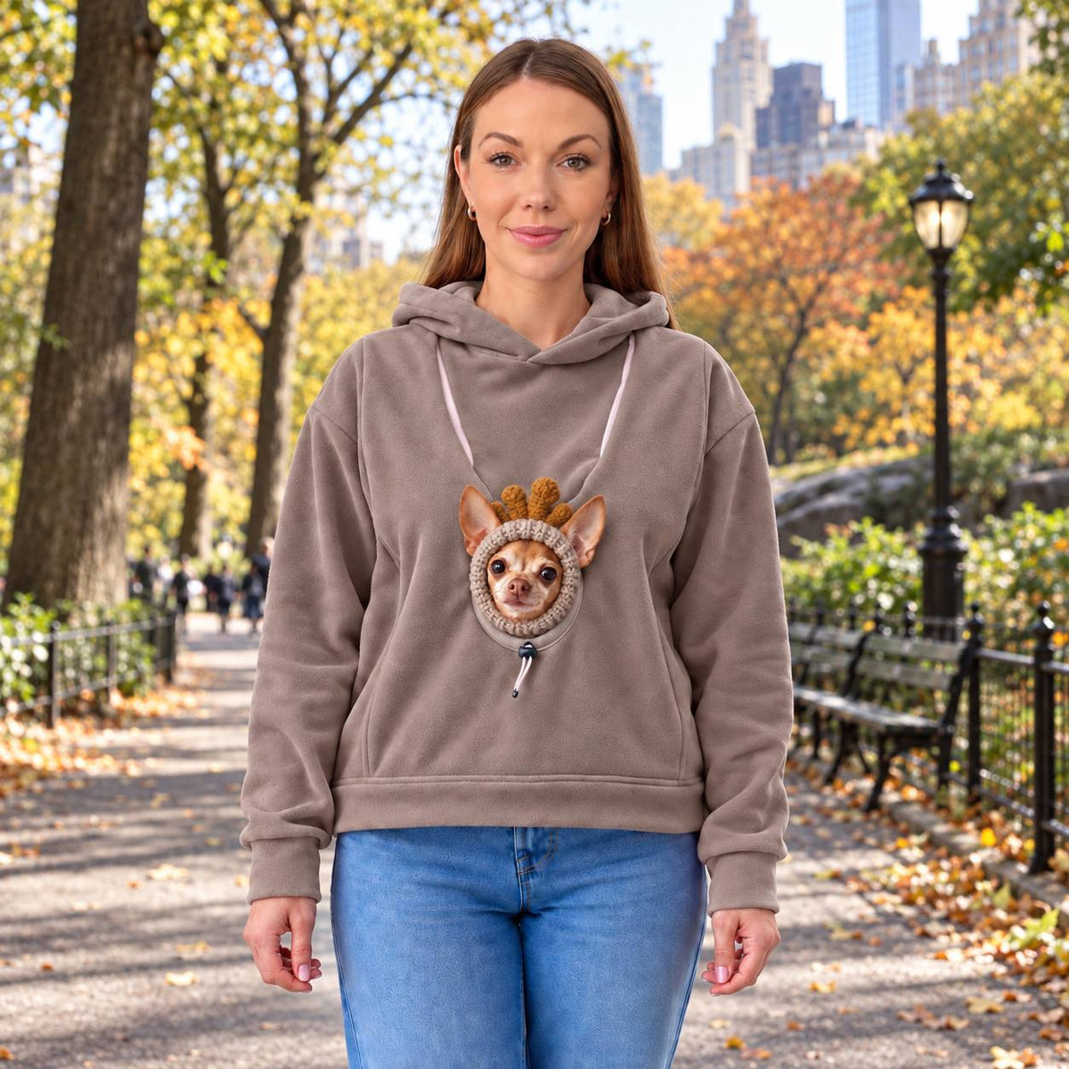 Taupe Fleece Dog Carrier Hoodie for Small Dogs | Adjustable Head Opening