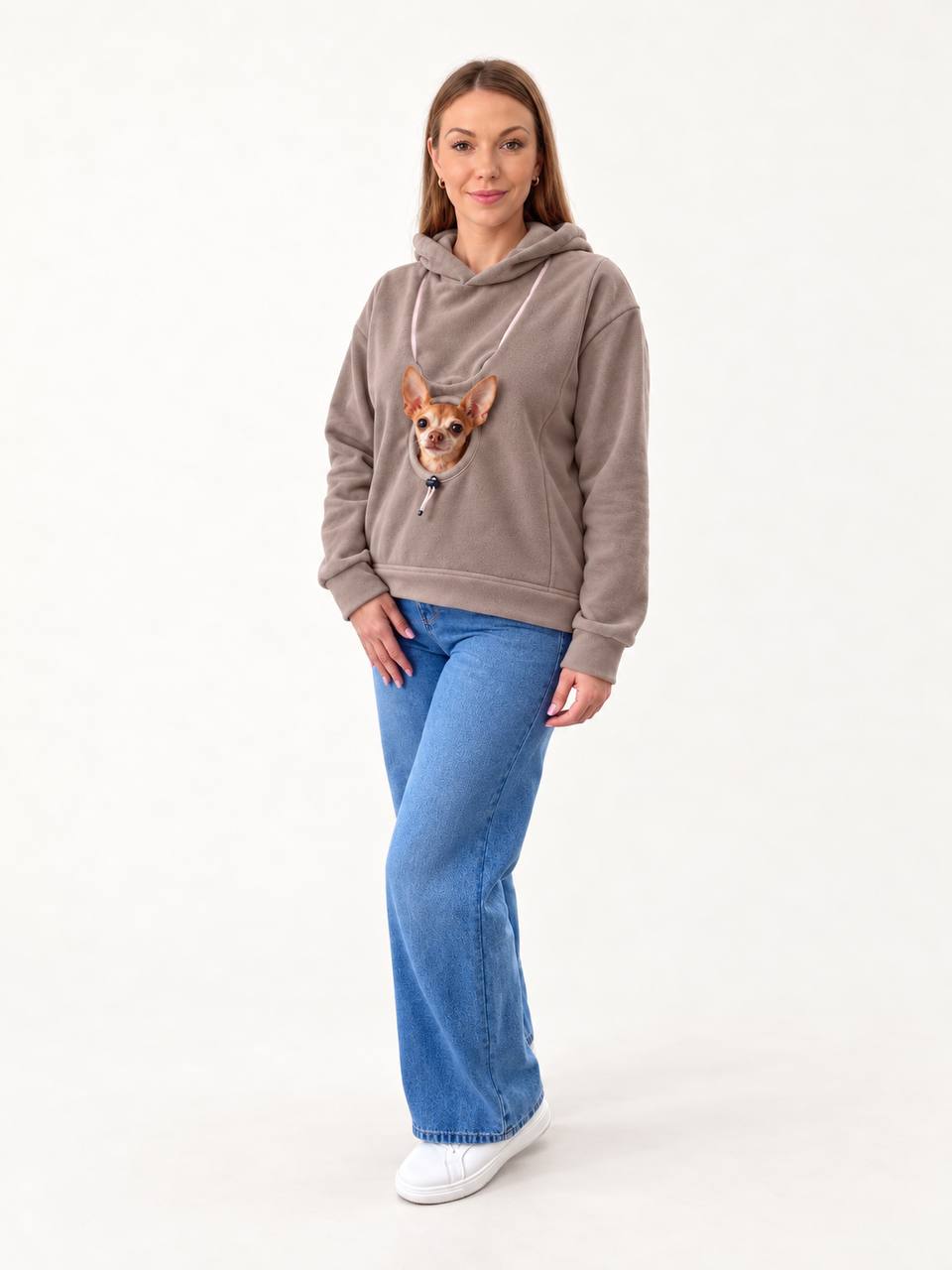 Taupe Fleece Dog Carrier Hoodie for Small Dogs | Adjustable Head Opening