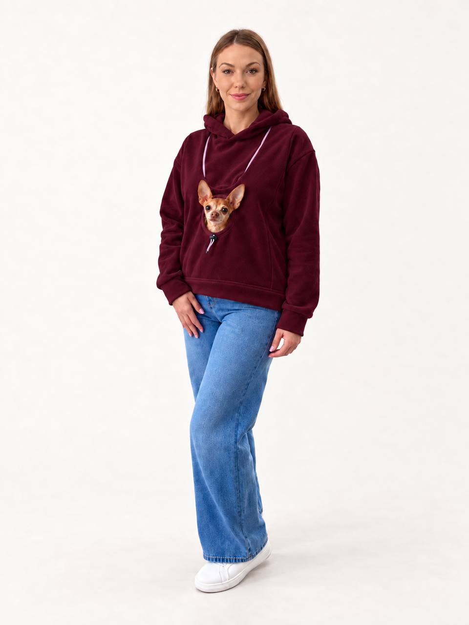 Burgundy Fleece Dog Carrier Hoodie for Small Dogs | Adjustable Head Opening