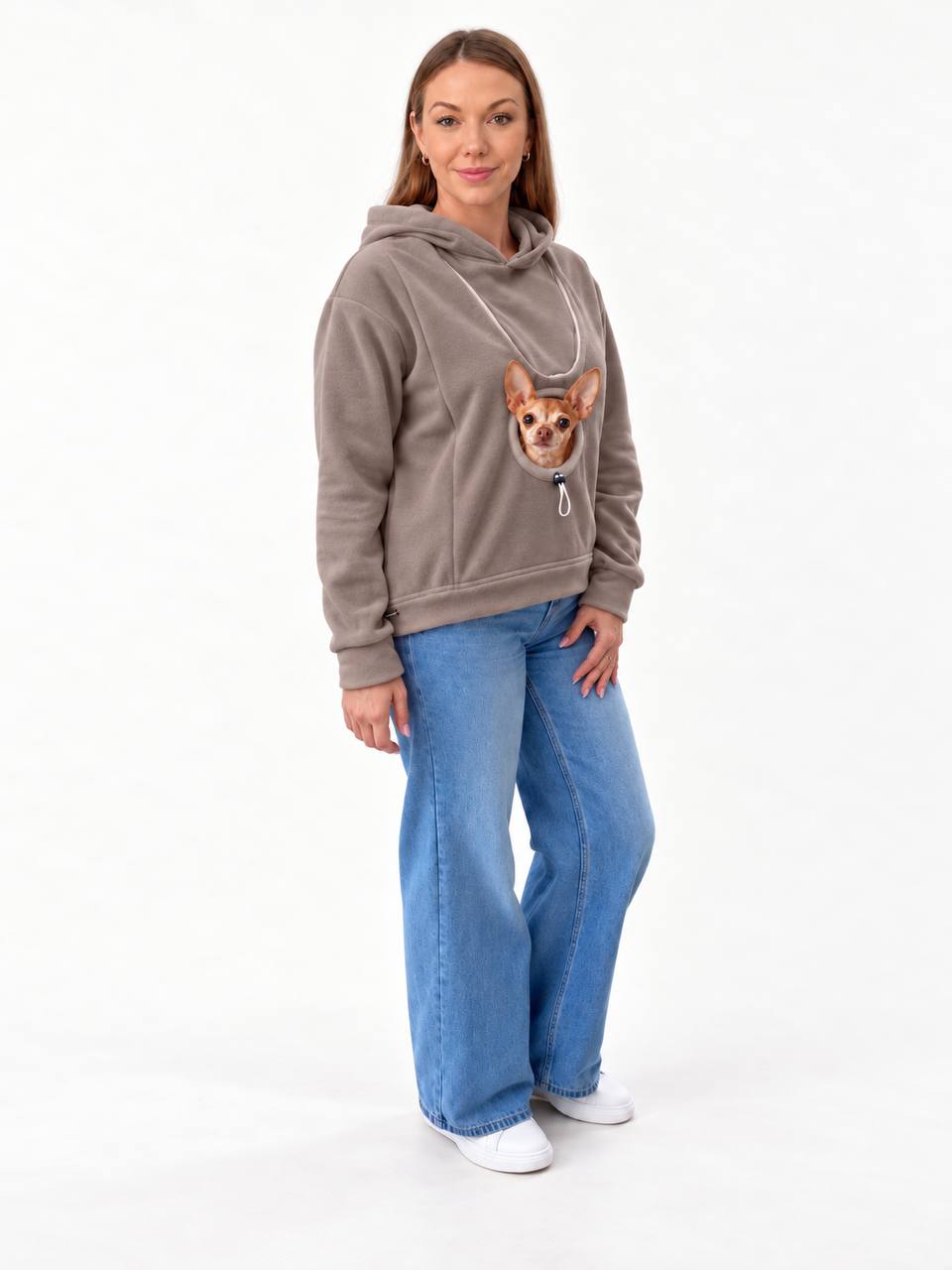 Taupe Fleece Dog Carrier Hoodie for Small Dogs | Adjustable Head Opening