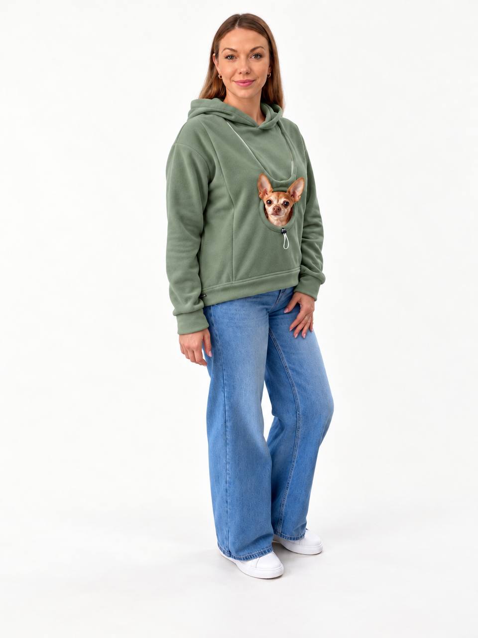 Olive Fleece Dog Carrier Hoodie for Small Dogs | Adjustable Head Opening