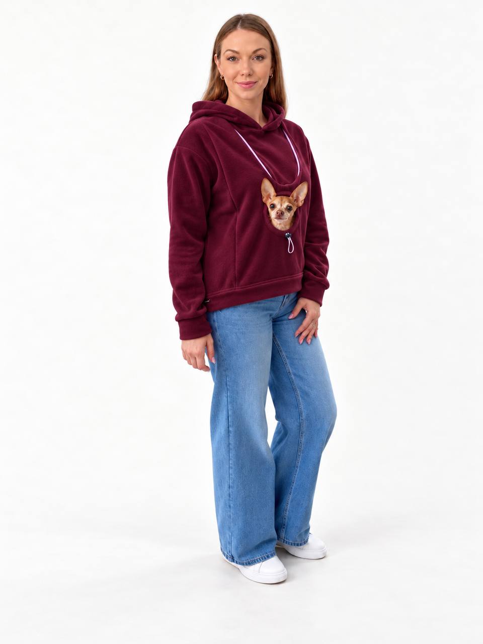 Burgundy Fleece Dog Carrier Hoodie for Small Dogs | Adjustable Head Opening