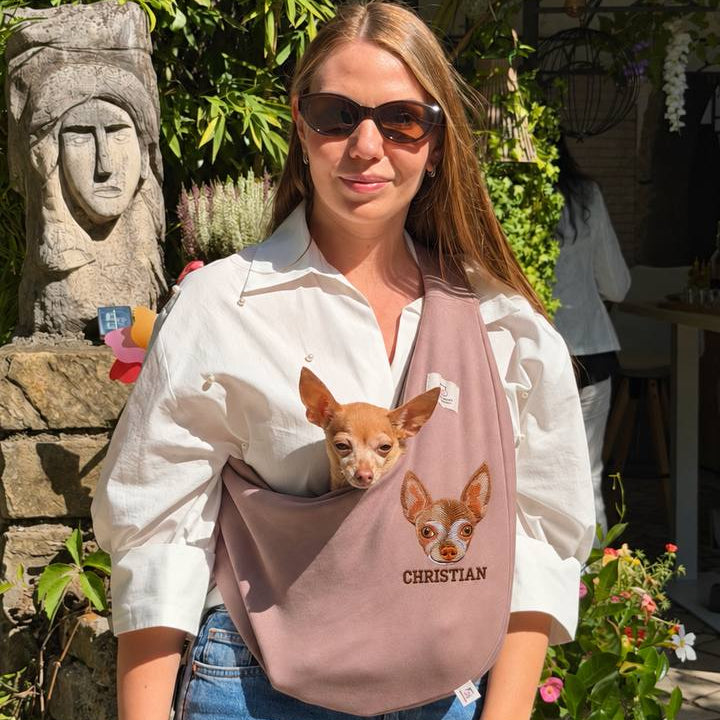Custom pet portrait embroidered dusty rose cotton sling with small dog