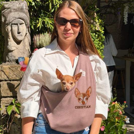 Custom pet portrait embroidered dusty rose cotton sling with small dog